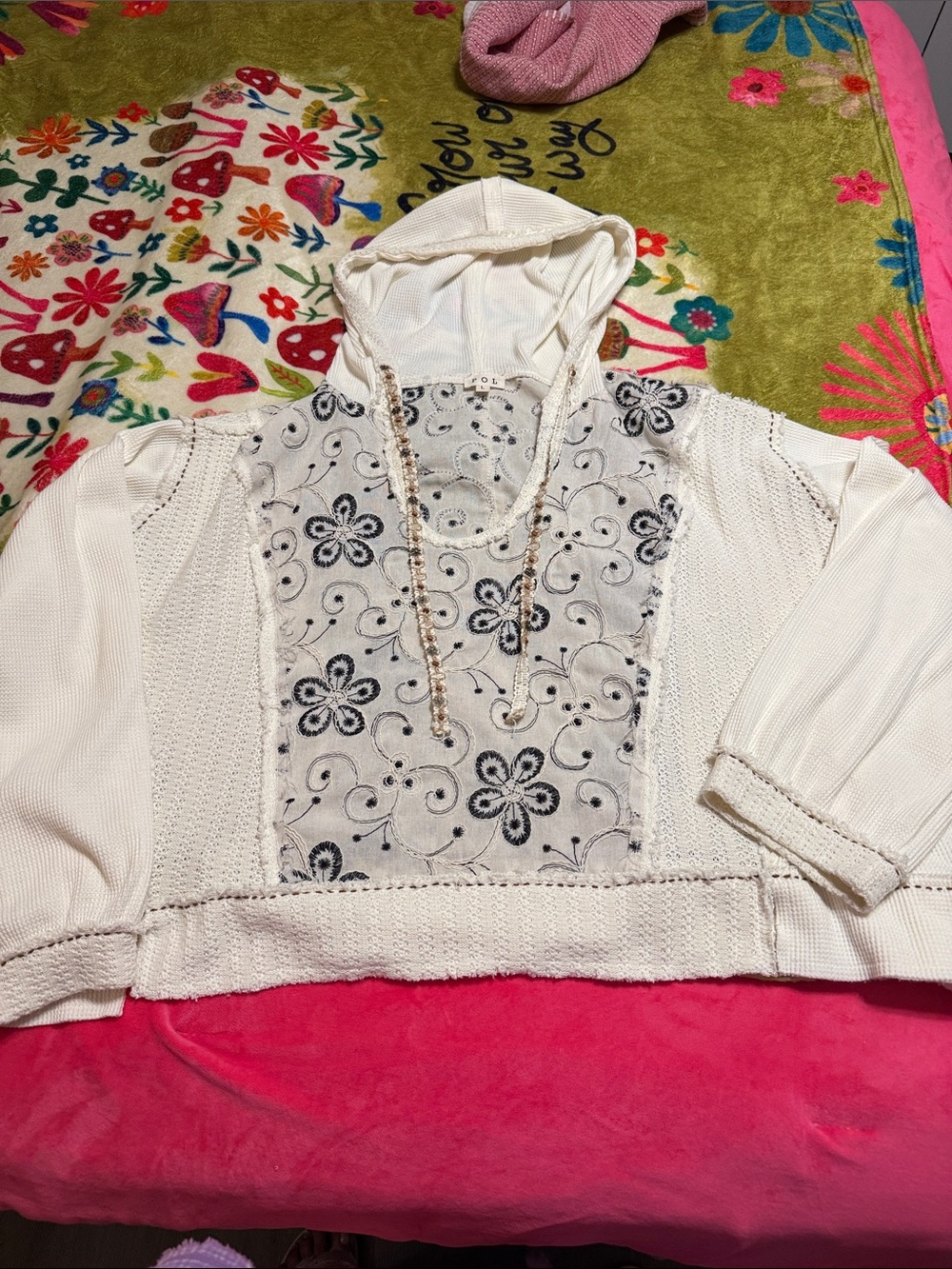 POL Cream Hooded Knit Top with Black Floral Embroidery